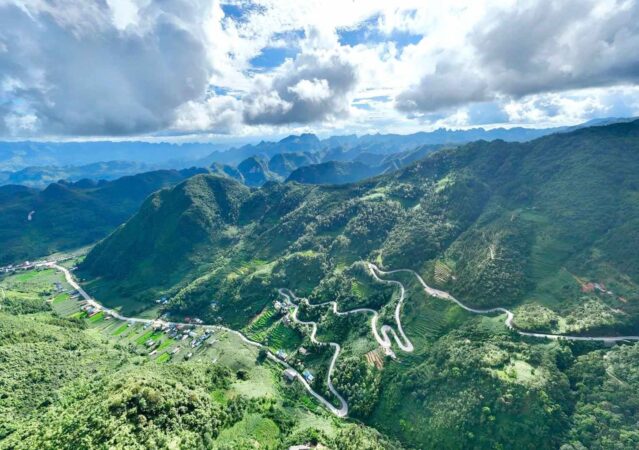 Beautiful mountain pass winding through the karst landscape of Dong Van in Ha Giang, Vietnam
