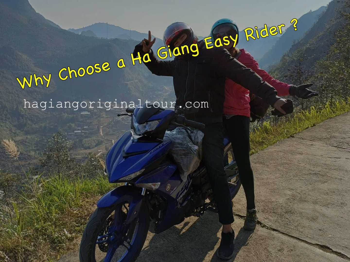 Experienced Ha Giang Easy Rider guide taking a tourist on a motorbike tour through scenic mountain roads